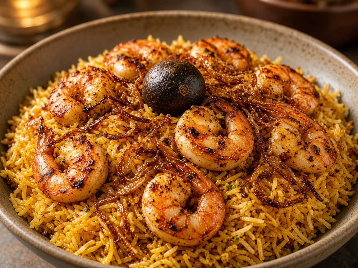 Shrimp machboos (مجبوس روبيان), traditional Qatari food, Doha